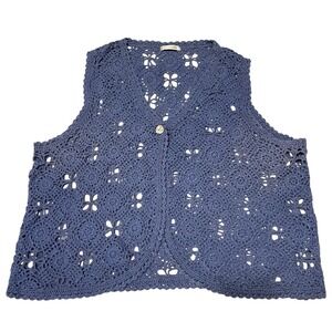 VTG M 90s Handknit Sweater Vest Blue Crochet Cotton Cardigan Boho Granny Cottage
